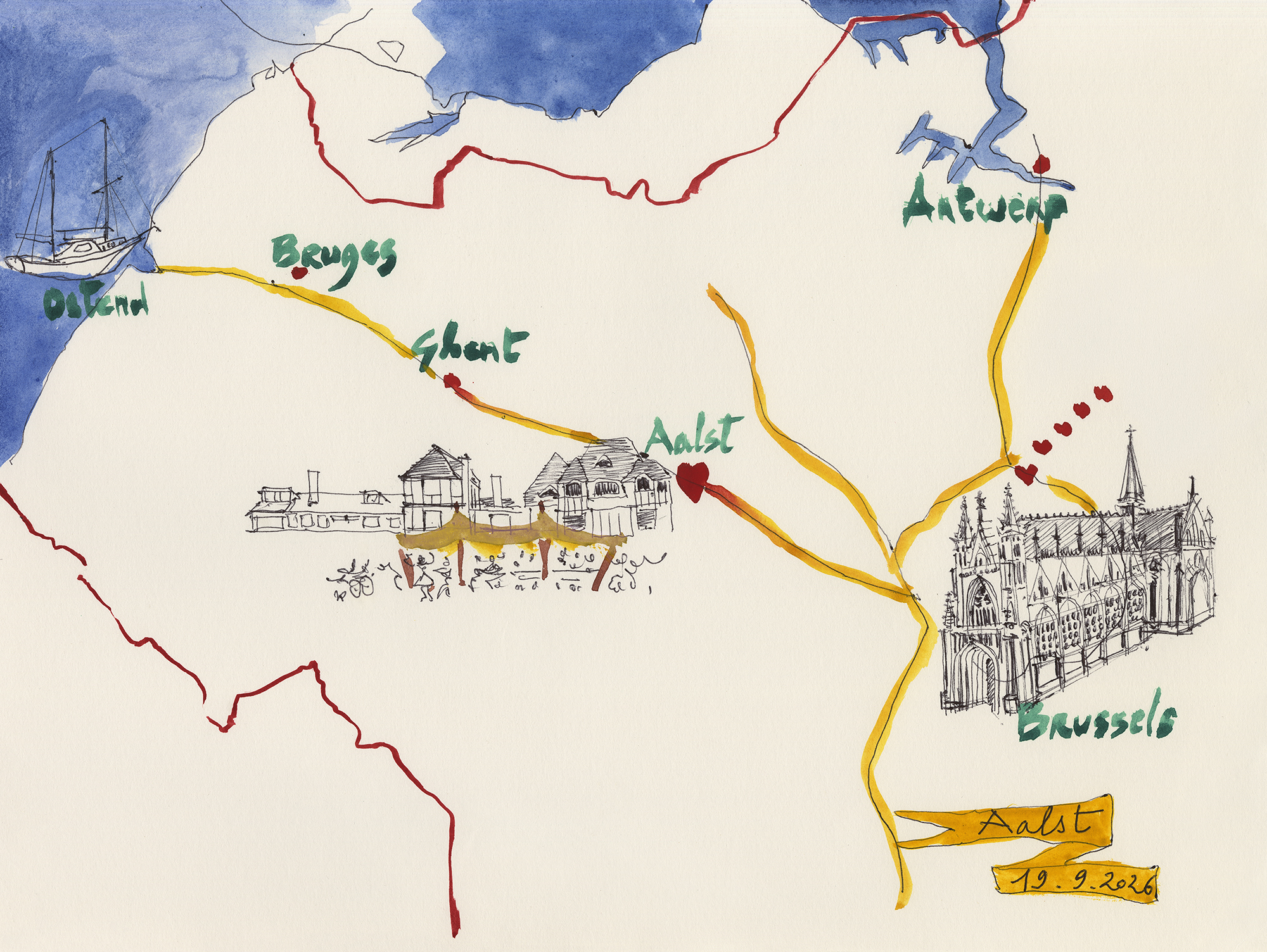 Hand-painted map of Belgium marking Aalst, 19 September 2026